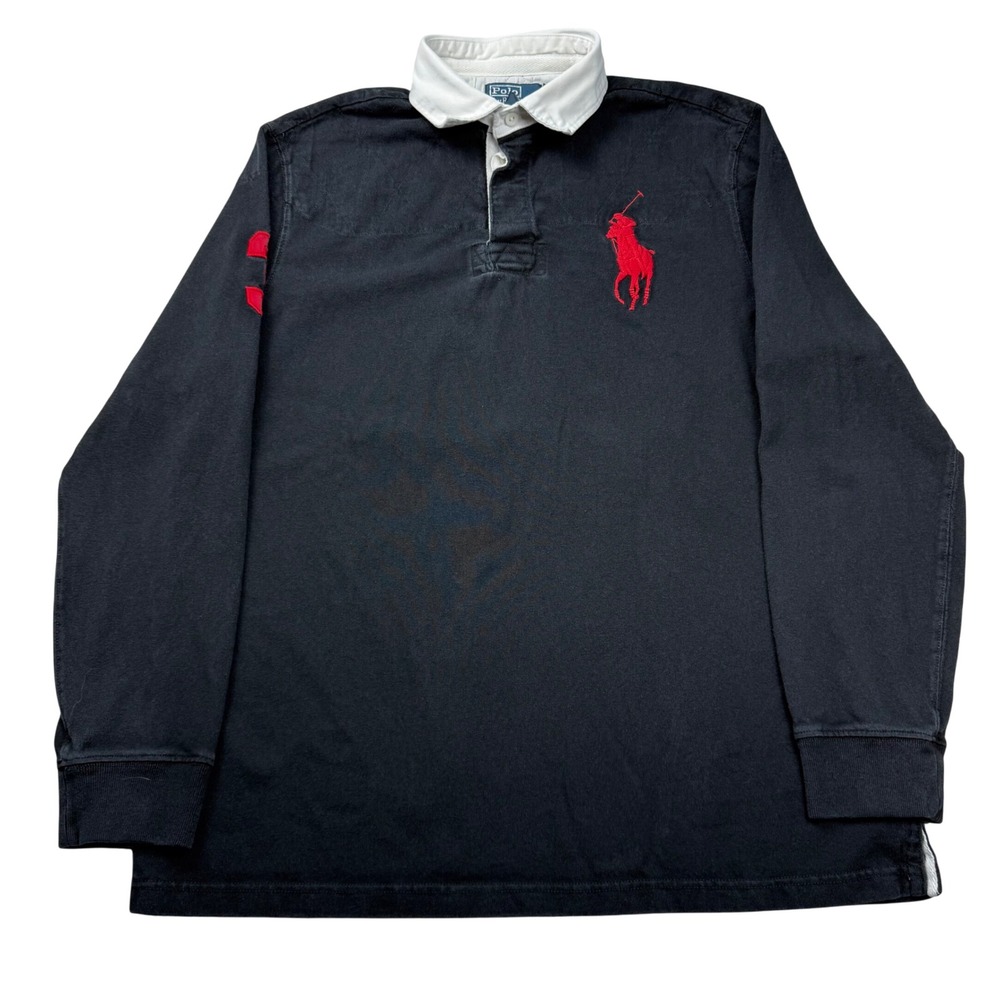 VTG Polo Ralph Lauren Big Pony Rugby Shirt Mens Large Black Long Sleeve Red Logo